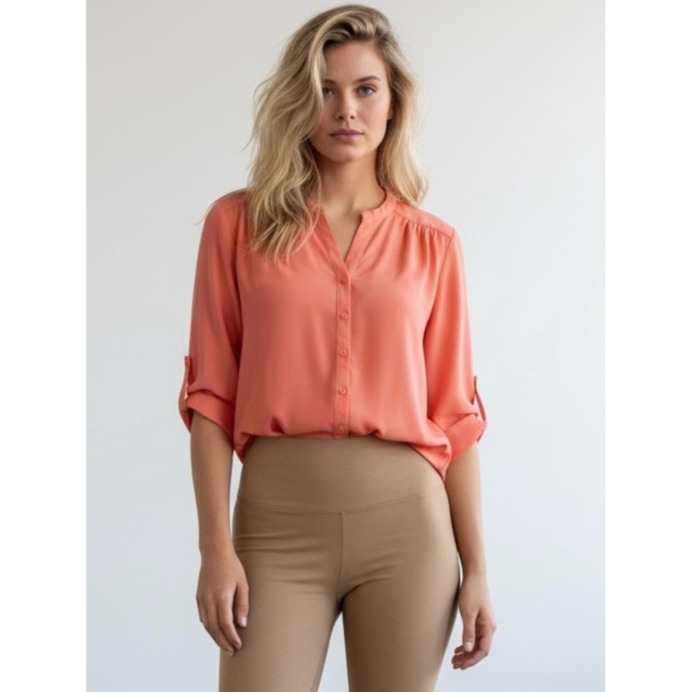 Bar III Coral Pink Button-Front Split-Neck  Button Down Blouse